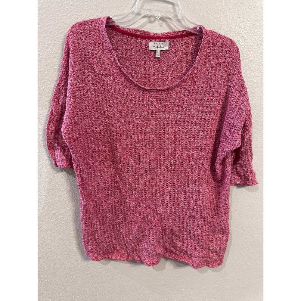 Zara Trafaluc Knit Top Short Sleeve Pink Cotton Blend Sweater Size M